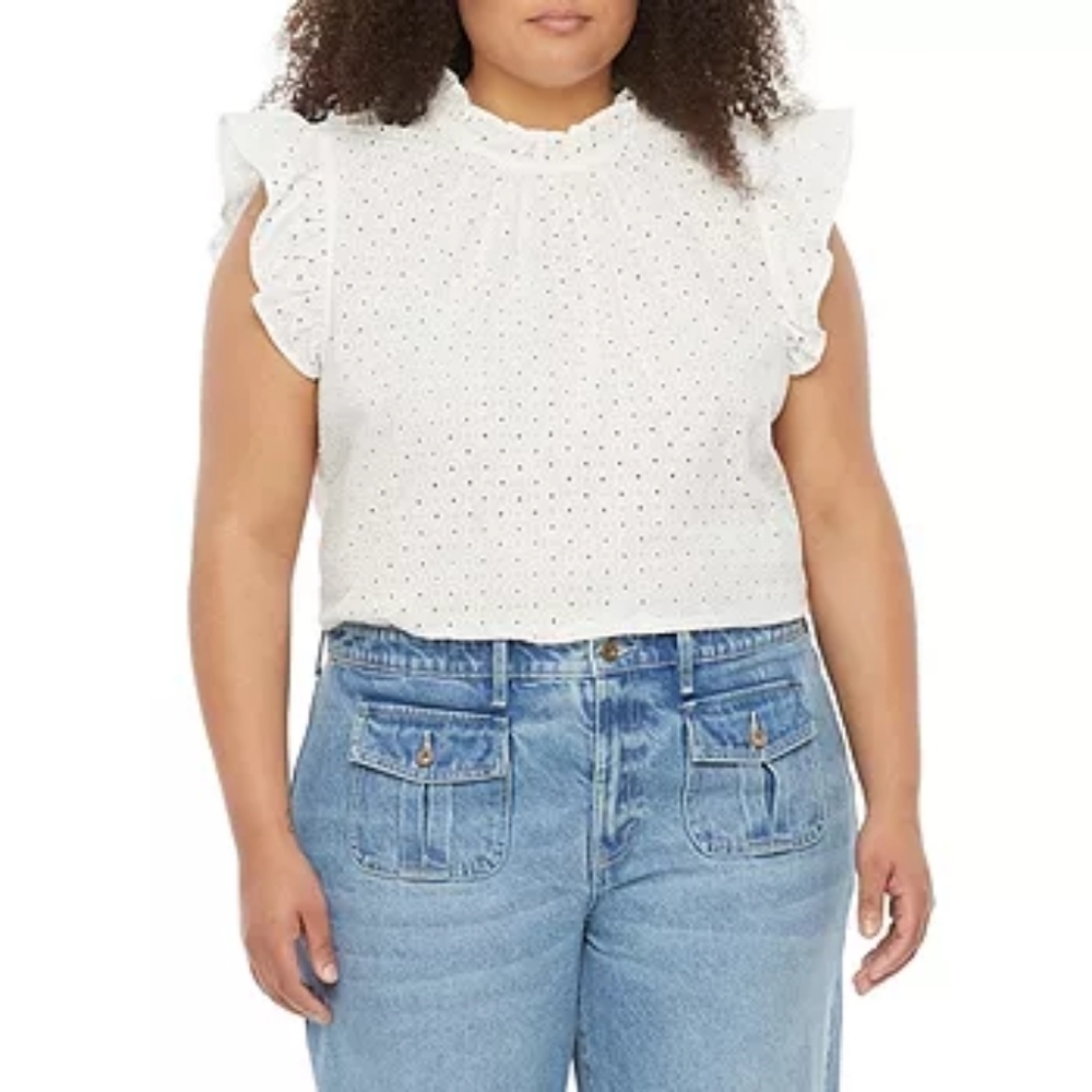 NWT Ryegrass Plus Womens High Neck Short Sleeve Eyelett Top